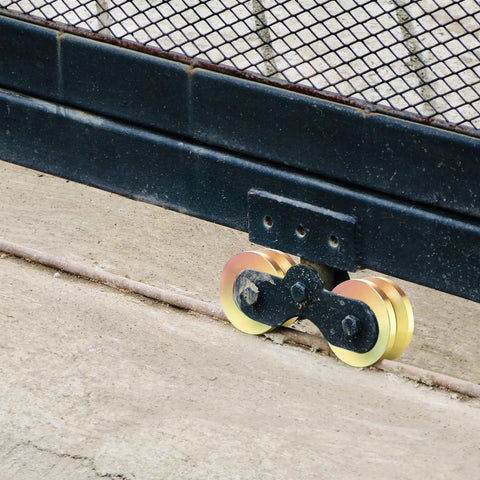 2 Sets Rock Solid 4 Inch V Groove Gate Roller Wheels Hardened Steel Double Ball Bearing 3000 lbs Capacity on sliding gate track.