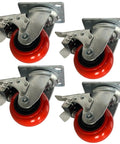 Heavy Duty 4 Inch Swivel Caster Set With Parking Brakes, Hardcore Polyurethane Plate Wheels Built Like A Tank, 1760 Pound Capacity, Smoother Than Silk Roll On Carts Workbenches Set Of Four, featuring red polyurethane wheels on cast iron plates.