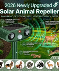 Motion Activated Outdoor Animal Repellent 2 Pack For Deer Raccoons Cats Squirrels With 110 Degree PIR Sensor To Guard Your Garden And Plants From Intruders And Nuisance Wildlife. Green solar-powered ultrasonic repeller on stake with PIR sensor
