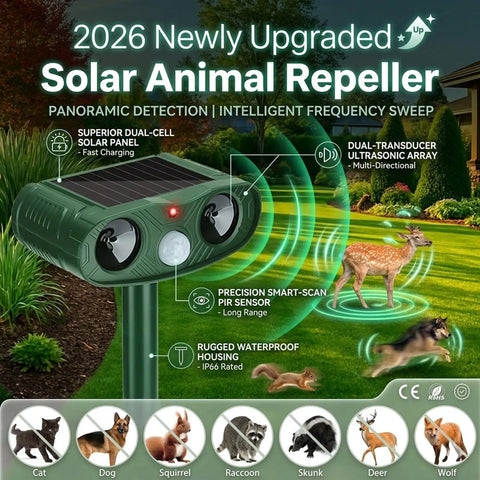 Motion Activated Outdoor Animal Repellent 2 Pack For Deer Raccoons Cats Squirrels With 110 Degree PIR Sensor To Guard Your Garden And Plants From Intruders And Nuisance Wildlife. Green solar-powered ultrasonic repeller on stake with PIR sensor
