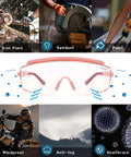 Over Glasses Safety Goggles with Anti Fog Wraparound Lens for Prescription Glasses, shown with features like windproof and sawdust protection