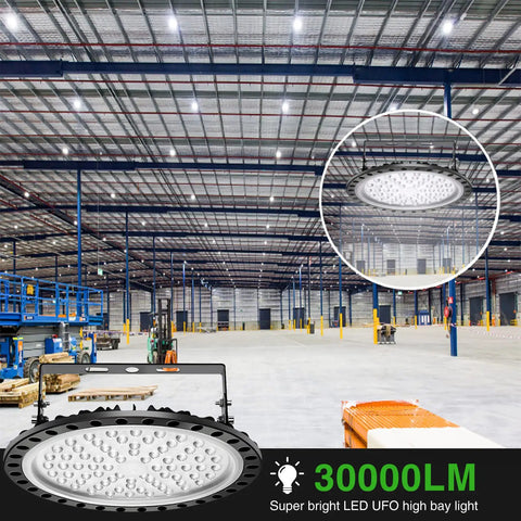 5 Pack 300W UFO LED High Bay Lights for Warehouse and Workshop, 30,000 Lumens, 6500K Daylight White, installed in large warehouse
