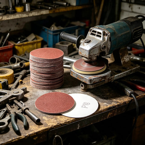 100 Pack 3 Inch 80 Grit Sanding Discs With Hook Loop Backing For Drills And Grinders on a workbench with tools.
