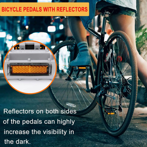 Person riding bike at night displaying Lightweight Aluminum Alloy Mountain Bike Pedals Flat Nine Sixteenth Inch Axle With Reflectors