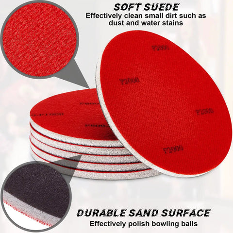 Stack of red sanding pads from Six Piece Bowling Sanding Pads Set 2000 Grit For Bowling Balls, Resurfacing And Polishing Kit With Sponge Backed Pads