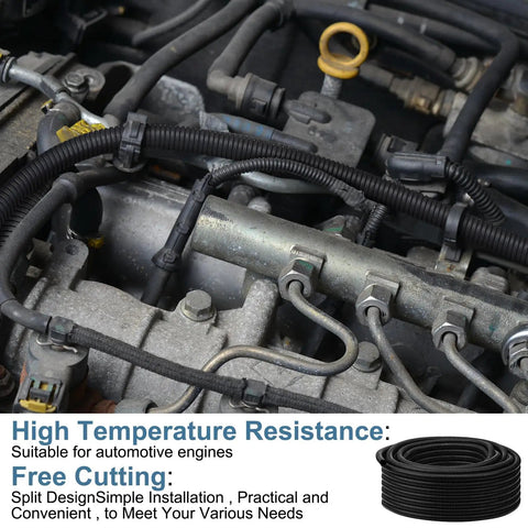 Split Wire Loom Tubing protecting automotive engine cables, heavy duty high temperature flame retardant cable sleeve, half inch diameter.