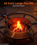 40 Inch Outdoor Fire Pit With Poker And Grill For Patio And Backyard, Big Wood Burning Fire Pit With orange flames and grill feature.