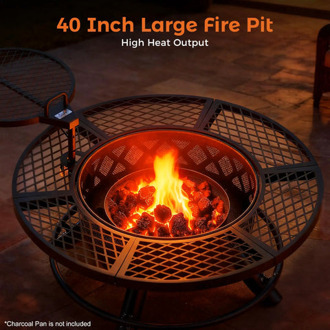 40 Inch Outdoor Fire Pit With Poker And Grill For Patio And Backyard, Big Wood Burning Fire Pit With orange flames and grill feature.