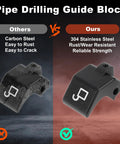Comparison of carbon steel vs. 304 stainless steel pipe drilling guide block, showing rust and strength differences.