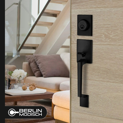 Single Cylinder Door Handle Set With Lever For Entrance And Front Doors Reversible For Left Or Right Handed Use Deadbolt Security Iron Black Finish Sleek Matte Black Exterior Hardware on wooden door.