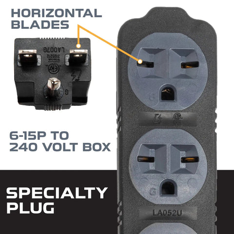 Heavy Hitter 10 Ft Extension Cord With 3 Outlets And 240 Volt 6-15P Plugs, showcasing 6-15P plug details and outlet design.