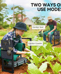 330 Pound Heavy Duty Garden Kneeler And Seat with Foldable Frame and Tool Pouch, shown in use for gardening tasks