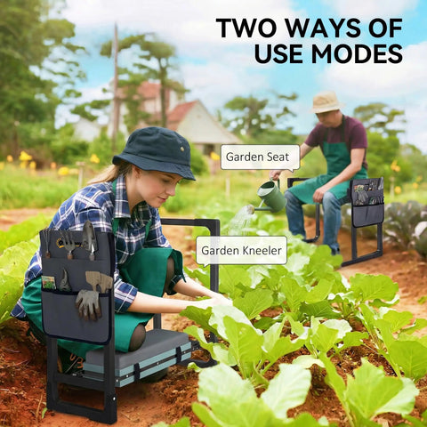 330 Pound Heavy Duty Garden Kneeler And Seat with Foldable Frame and Tool Pouch, shown in use for gardening tasks