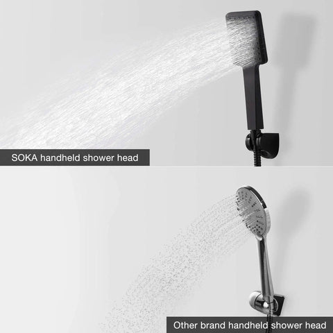 Comparison of SOKA and other brand handheld shower heads with water flow. Matte Black 10 Inch Rainfall Shower Head With Boss High Pressure Handheld Kit shown.