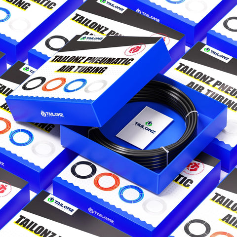 Front view of Tailonz Pneumatic air tubing box; blue packaging with black coiled nylon tube inside.
