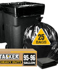 Hella Tough 95 Gallon Contractor Garbage Bags Built Like Armor For Industrial Sites With Easy Tie Necks Top Shelf 2 Mil Trash Can Liners Pack Of 25 with black trash can and box of bags.