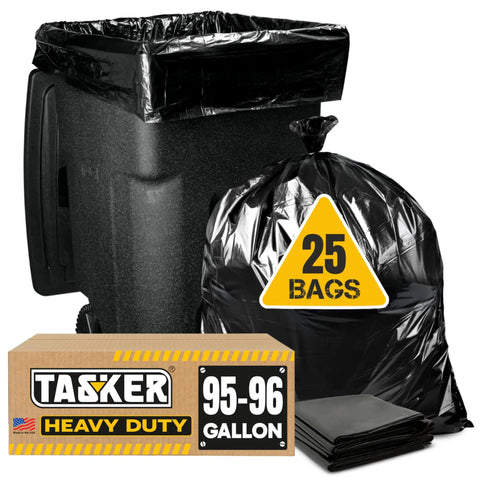 Hella Tough 95 Gallon Contractor Garbage Bags Built Like Armor For Industrial Sites With Easy Tie Necks Top Shelf 2 Mil Trash Can Liners Pack Of 25 with black trash can and box of bags.