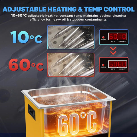 Adjustable heating settings on Heavy Duty Ultrasonic Cleaning Machine With Digital Timer Plus Integrated Heater 10 Liter Capacity 40Khz Frequency.