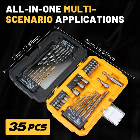 Workhorse Titanium Coated Drill Bit Set With 35 No Nonsense Pieces Including Hss Metal Masonry Wood Bits Plus Nut Drivers Magnetic Holder open case with drill bits