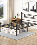 Top Shelf Black Metal Full Bed Frame With Headboard And Steel Slat Base Built Like A Tank For Solid Stability Plus Deep Under Bed Storage in a modern bedroom.