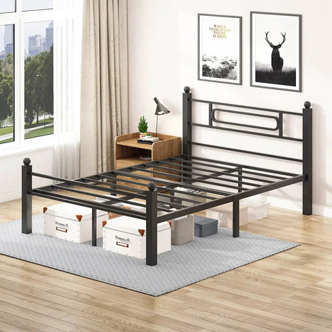 Top Shelf Black Metal Full Bed Frame With Headboard And Steel Slat Base Built Like A Tank For Solid Stability Plus Deep Under Bed Storage in a modern bedroom.