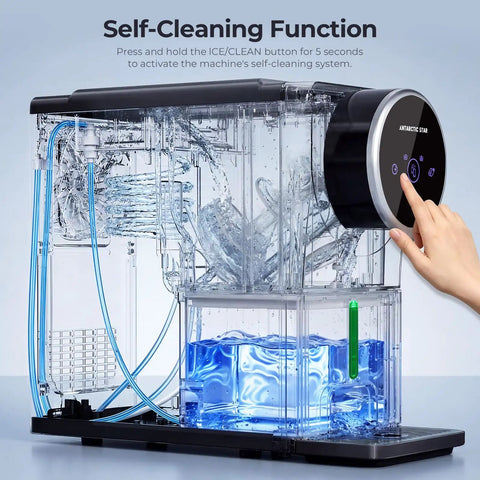 Heavy Duty Compact Nugget Ice Maker For Countertop With Auto Dispenser Makes Up To 33 Lbs Of Chewable Pebble Ice Daily showing self-cleaning function.
