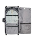 DELSEY PARIS Helium DLX rolling garment bag, black, open with suit inside and spinner wheels