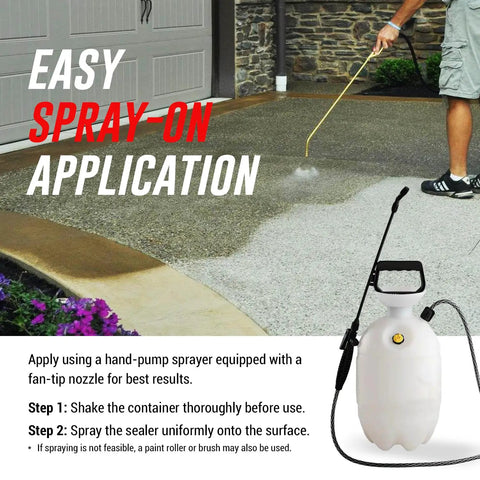 Application of Deep Penetrating Silane Siloxane Concrete Driveway Sealer using a hand-pump sprayer on a driveway.