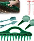 7 Piece Seed Spreader Set With Twelve Hole Dibber Upgraded 2025 Mini Seed Dispenser For Precise Even Sowing In The Garden Handheld Seed Planter Tool For Carrots Lettuce And More Multifunction Gardening Tools, including green dibber and tools