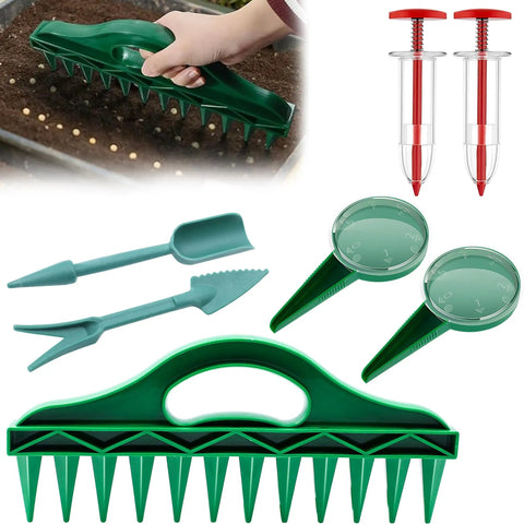 7 Piece Seed Spreader Set With Twelve Hole Dibber Upgraded 2025 Mini Seed Dispenser For Precise Even Sowing In The Garden Handheld Seed Planter Tool For Carrots Lettuce And More Multifunction Gardening Tools, including green dibber and tools