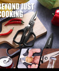 Titanium Coated Kitchen Scissors All Purpose Kitchen Shears Stainless Steel Sharp Durable And Easy To Clean For Food Prep Perfect For Cutting Meat Veggies Packaging And More, black 8.75-inch shears on cutting board