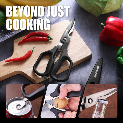 Titanium Coated Kitchen Scissors All Purpose Kitchen Shears Stainless Steel Sharp Durable And Easy To Clean For Food Prep Perfect For Cutting Meat Veggies Packaging And More, black 8.75-inch shears on cutting board