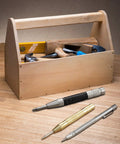 Solid Precision With This Hella Tough Tungsten Carbide Scriber And Automatic Spring Loaded Center Punch Set Featuring Built In Magnet Clips For Etching Glass Ceramics Metal with wooden toolbox and tools.