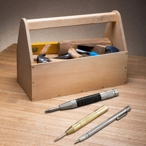 Solid Precision With This Hella Tough Tungsten Carbide Scriber And Automatic Spring Loaded Center Punch Set Featuring Built In Magnet Clips For Etching Glass Ceramics Metal with wooden toolbox and tools.