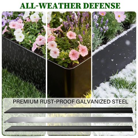 Heavy Duty Flexible Metal Landscape Edging Kit 33 Ft Total 6 Inch Tall By 40 Inch Long Galvanized Steel Border in various weather conditions.