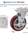 Built Tough Shop Grade Industrial Caster Wheels With Non Marking Polyurethane Tires Top Lock Brake Reinforced Extra Strong Steel Mount Plates 6x2 inch heavy duty caster with maroon wheel and top lock brake.