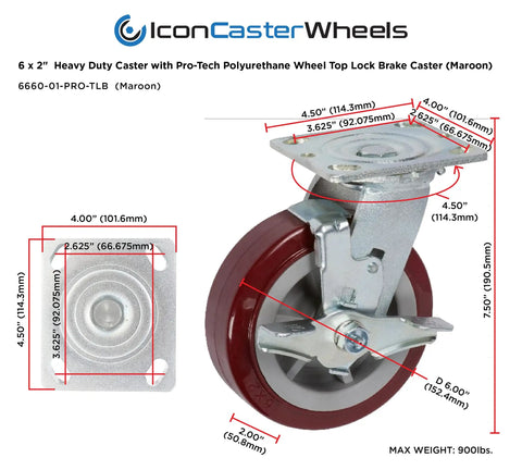Built Tough Shop Grade Industrial Caster Wheels With Non Marking Polyurethane Tires Top Lock Brake Reinforced Extra Strong Steel Mount Plates 6x2 inch heavy duty caster with maroon wheel and top lock brake.