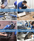 Collage showing uses for Two Pack Three Eighths Inch Square Socket Adapter Bits Set: home, furniture, motorcycle, vehicle maintenance