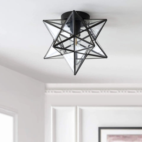 Slick 12 Inch Nickel Moravian Star LED Flush Mount Ceiling Light With Clear Glass Shade Geometric Iron Lantern for Entryway