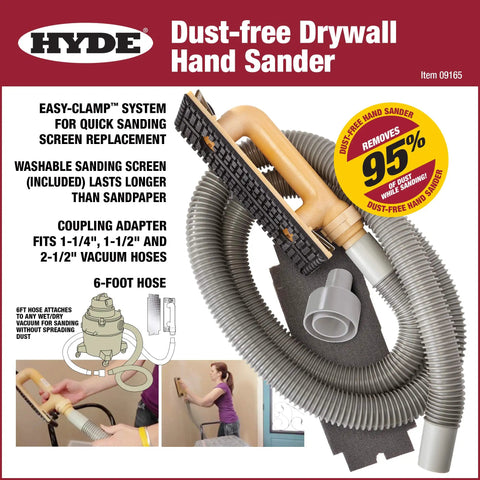 Dust Free Drywall Vacuum Hand Sander With Six Foot Hose For Any Wet Dry Vacuum Easy Clamp Sanding Screen Replacement Protects Floors Furniture Electronics And Your Lungs From Dust packaging and features.