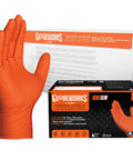 Orange Nitrile 8 Mil Heavy Duty Gloves With Raised Diamond Grip For Mechanics XL, shown with packaging.
