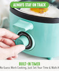 3 In 1 Breakfast Station With Ceramic Nonstick Dual Griddles For Eggs Sausage Bacon Pancakes And Breakfast Sandwiches, 2 Slice Toast Drawer And Easy Timer Turquoise Kitchen Appliance with timer dial being adjusted