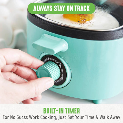 3 In 1 Breakfast Station With Ceramic Nonstick Dual Griddles For Eggs Sausage Bacon Pancakes And Breakfast Sandwiches, 2 Slice Toast Drawer And Easy Timer Turquoise Kitchen Appliance with timer dial being adjusted