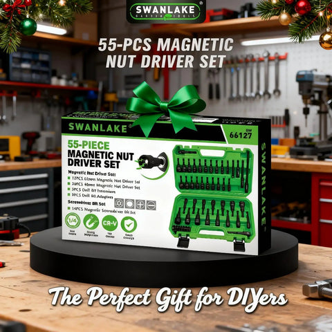 Box displaying All In One Magnetic Nut Driver Set With 65mm And 48mm Magnetic Drivers, set against a workshop background.