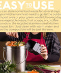 Person placing vegetable scraps into stainless steel countertop compost bin, showcasing use of odor-free kitchen composter with lid.