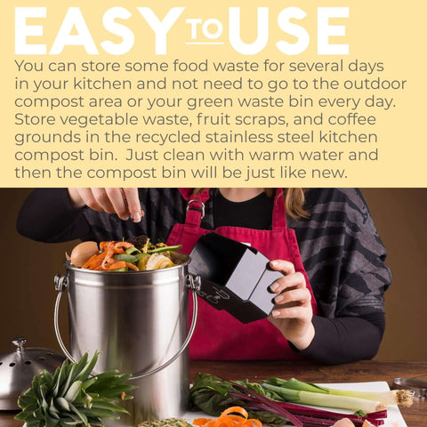 Person placing vegetable scraps into stainless steel countertop compost bin, showcasing use of odor-free kitchen composter with lid.