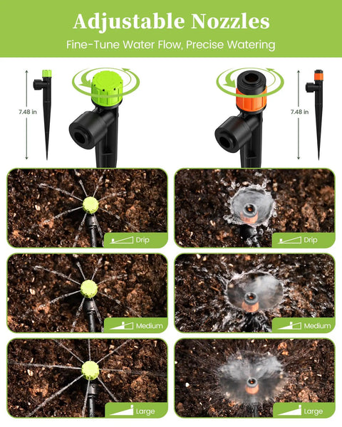 Drip Irrigation System With Quick Connect Garden Watering Kit Featuring Two Adjustable Emitters Stream And Vortex with nozzles.