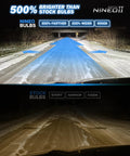 Comparison of Slick H7 Headlight Bulbs Deliver Knockout Brightness With 24000 Lumens And Silent Fan Cooling For Epic Night Driving Visibility and stock bulbs in low light, showing brightness difference.