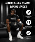 Mayweather Champ Boxing Shoes For Men And Women Unisex White Gold Mid Height Traction And Stability Male Boxer Seated