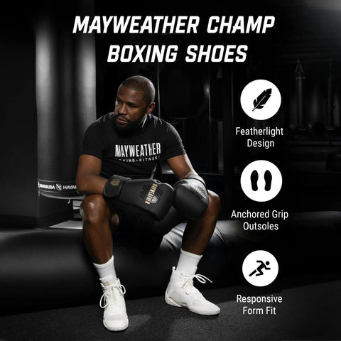 Mayweather Champ Boxing Shoes For Men And Women Unisex White Gold Mid Height Traction And Stability Male Boxer Seated